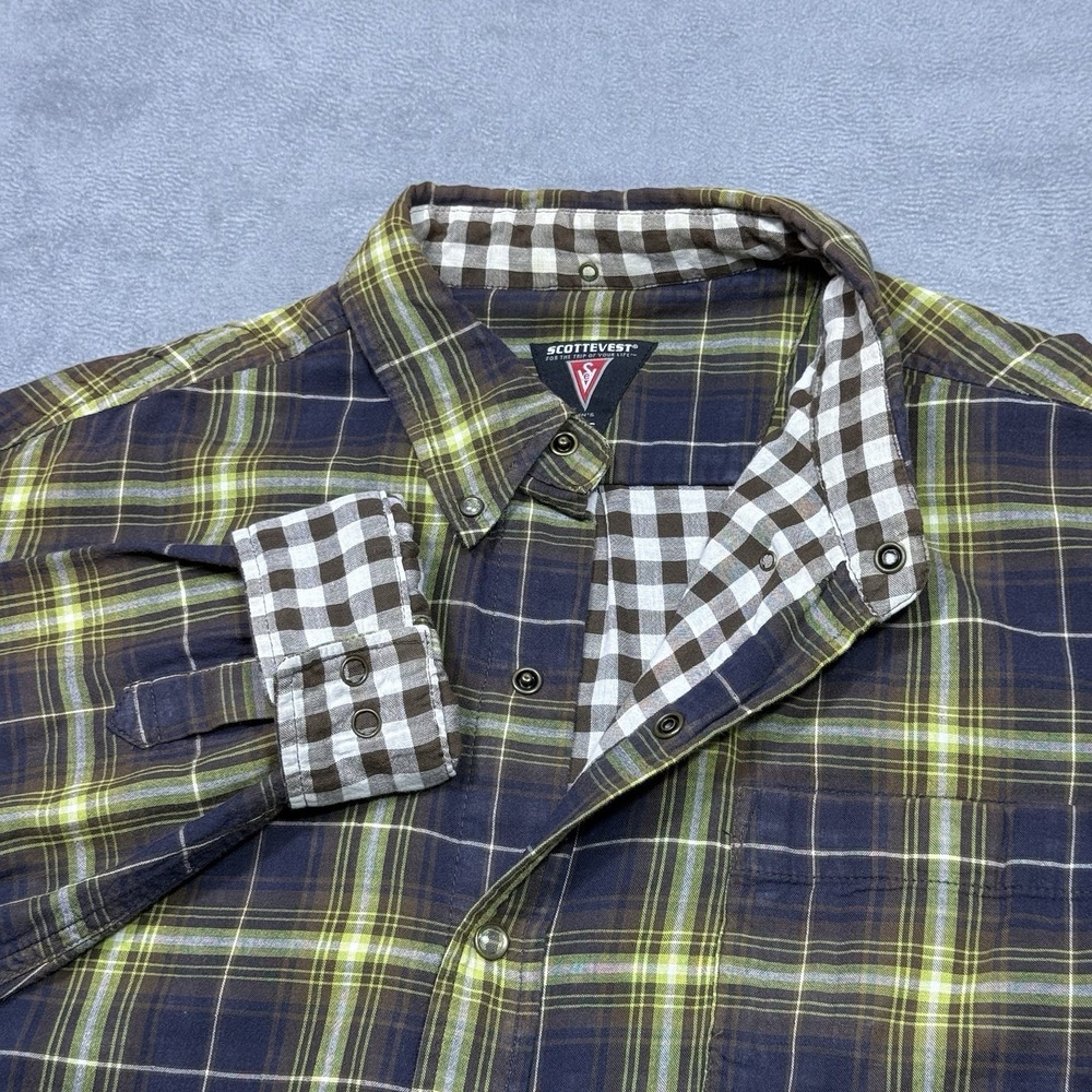 Scottevest Shirt Mens L Snap Button Plaid Flannel Travel Tech Hidden Pockets